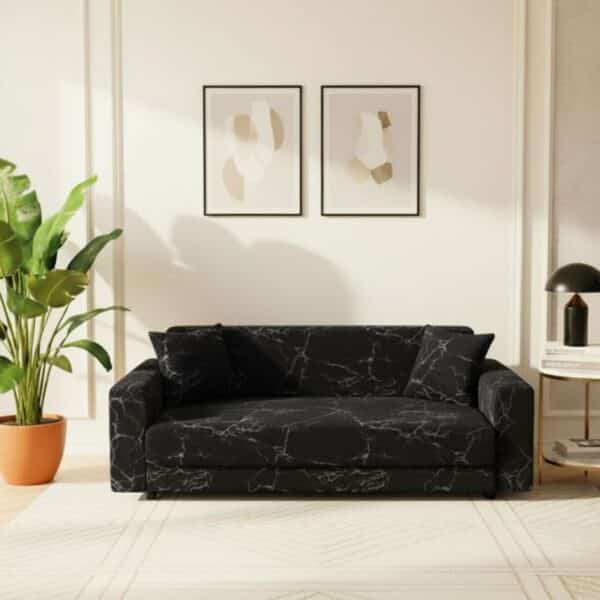 Housse de Canapé 2 Places Extensible Effet Marbre Noir