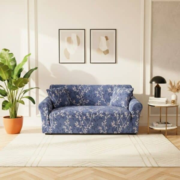 Housse De Canapé 2 Places Classique À Motif Floral Élégant Bleu