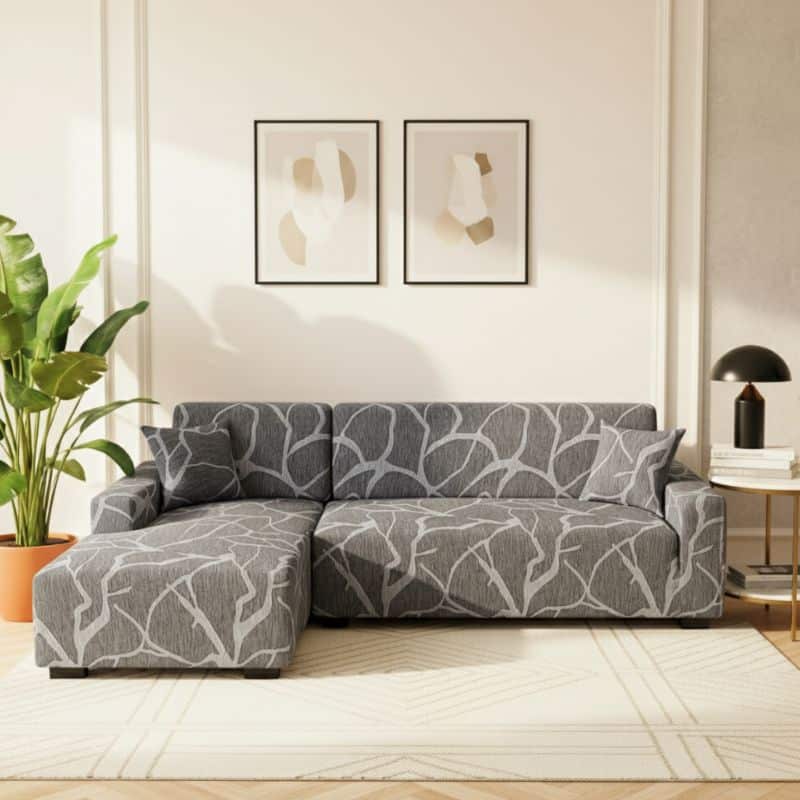 Housse De Canapé Angle Réversible En Tissu Élastique Gris Texturé Housse De Canapé Angle Réversible En Tissu Élastique Gris Texturé