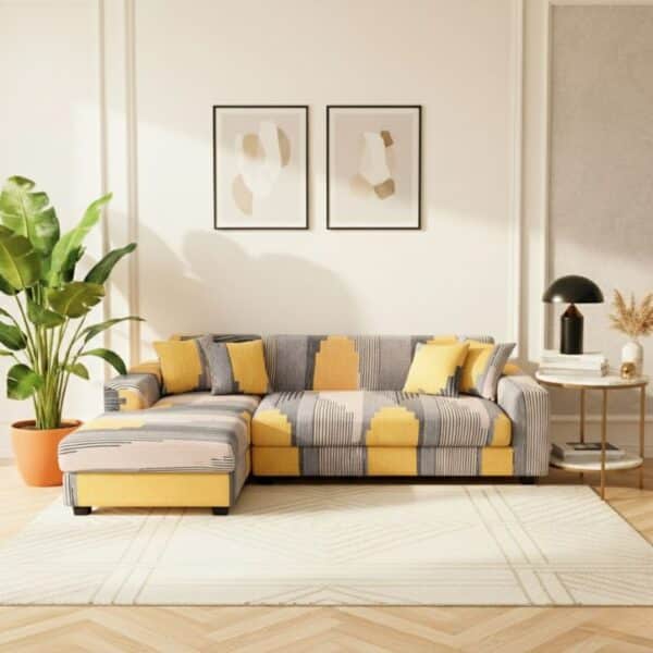 Housse De Canapé Angle Réversible À Motif Géométrique Jaune Et Gris