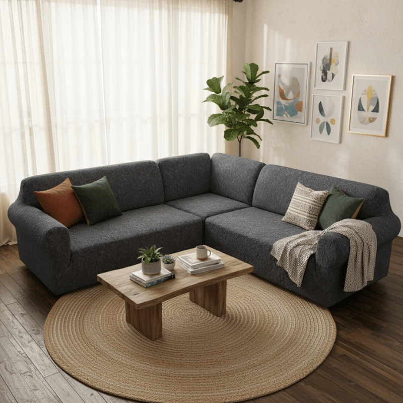2-6 Housse De Canapé Angle Réversible En Jacquard Luxueuse Pour 7 Places