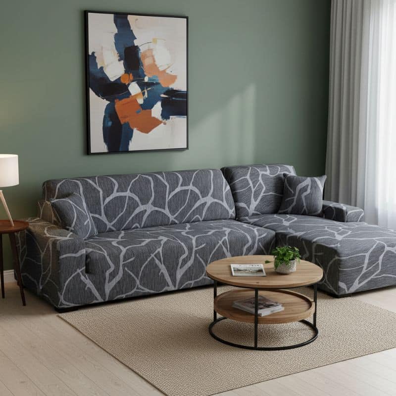 Housse De Canapé Angle Réversible En Tissu Élastique Gris Texturé Housse De Canapé Angle Réversible En Tissu Élastique Gris Texturé