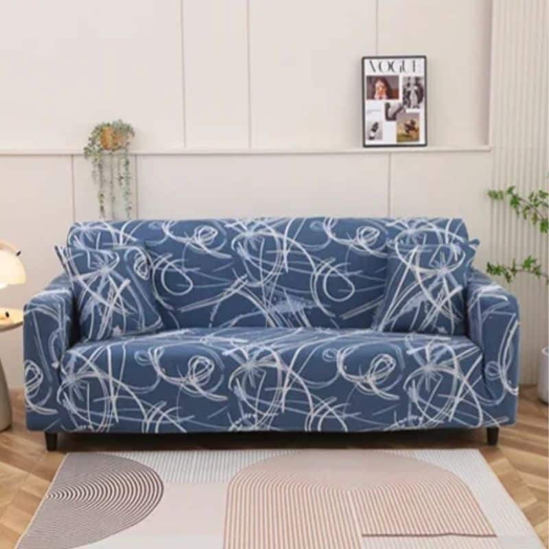 Housse de Canapé 3 Places Extensible À Motif Abstrait Bleu et Blanc Housse de Canapé 3 Places Extensible À Motif Abstrait Bleu et Blanc
