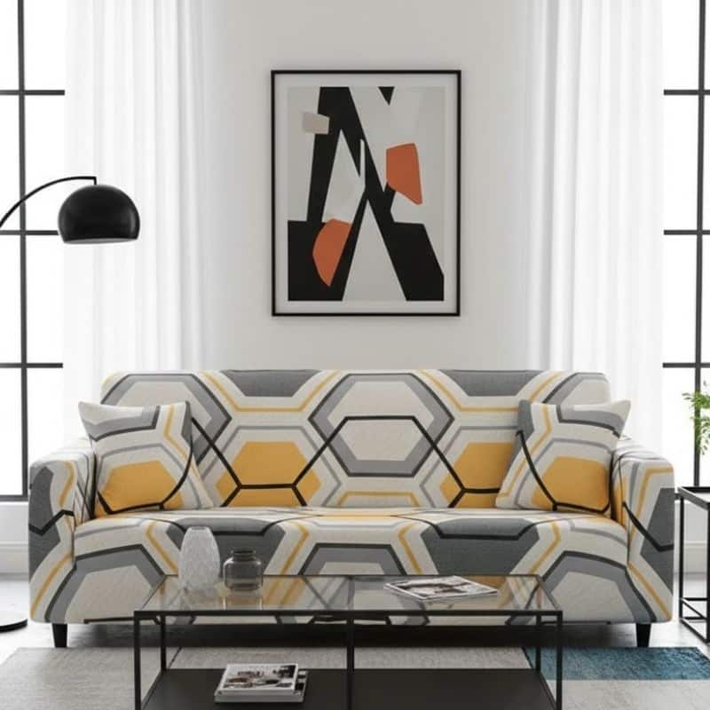 6-34 Housse de Canapé 3 Places Extensible Design Hexagonal Contemporain