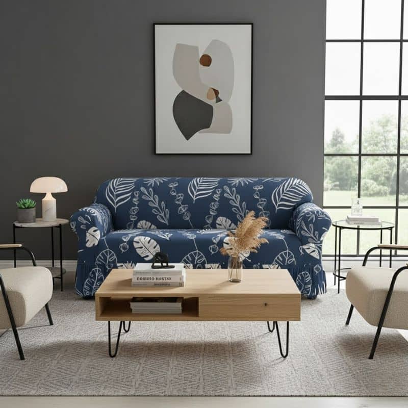 6-42 Housse de Canapé 3 Places Extensible À Motif Abstrait Bleu et Blanc