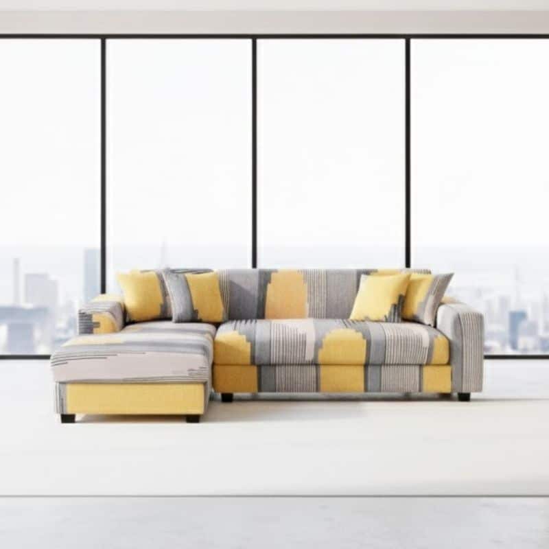 6-60 Housse De Canapé Angle Réversible À Motif Géométrique Jaune Et Gris