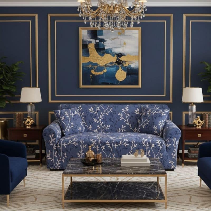 7-34 Housse De Canapé 2 Places Classique À Motif Floral Élégant Bleu