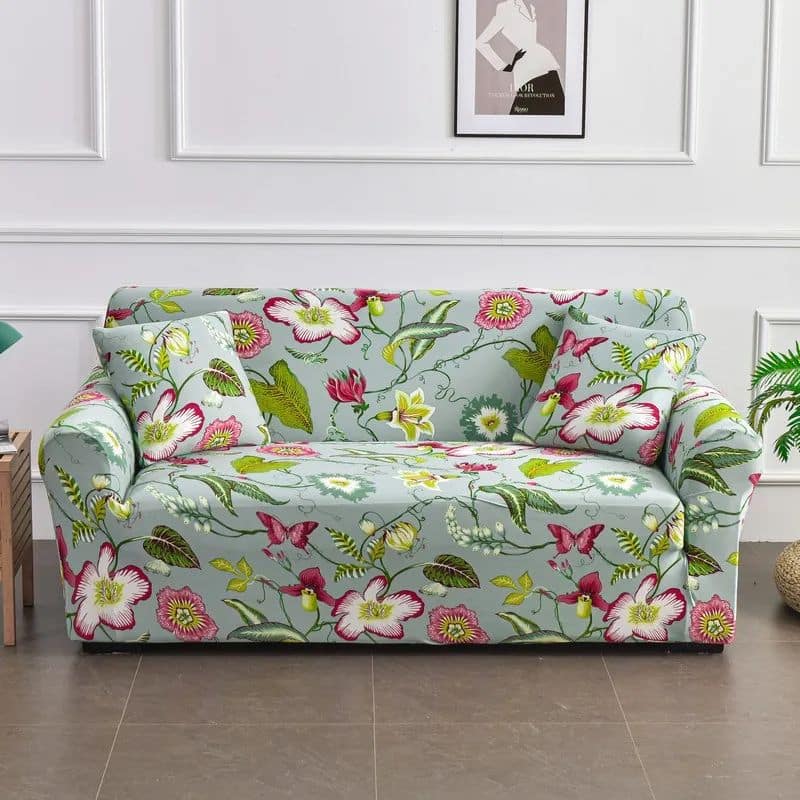 7-40 Housse De Canapé 2 Places Classique Style Printanier Vert Et Rose