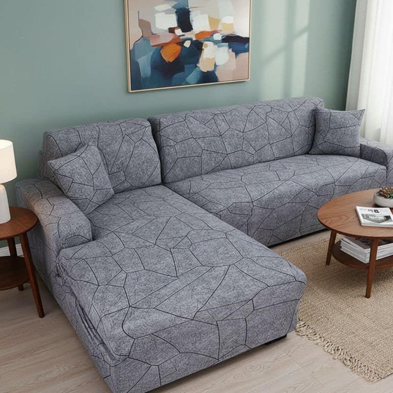 7-44 Housse De Canapé Angle Réversible Et Extensible À Motif Pierre Gris
