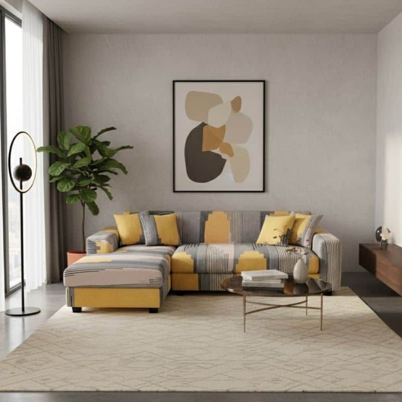 7-50 Housse De Canapé Angle Réversible À Motif Géométrique Jaune Et Gris