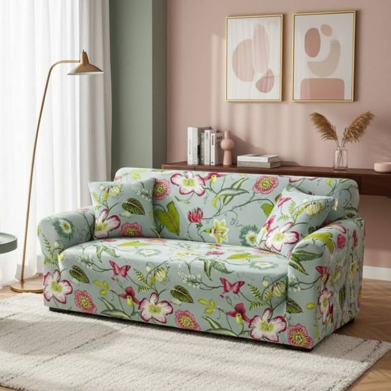 8-24 Housse De Canapé 2 Places Classique Style Printanier Vert Et Rose