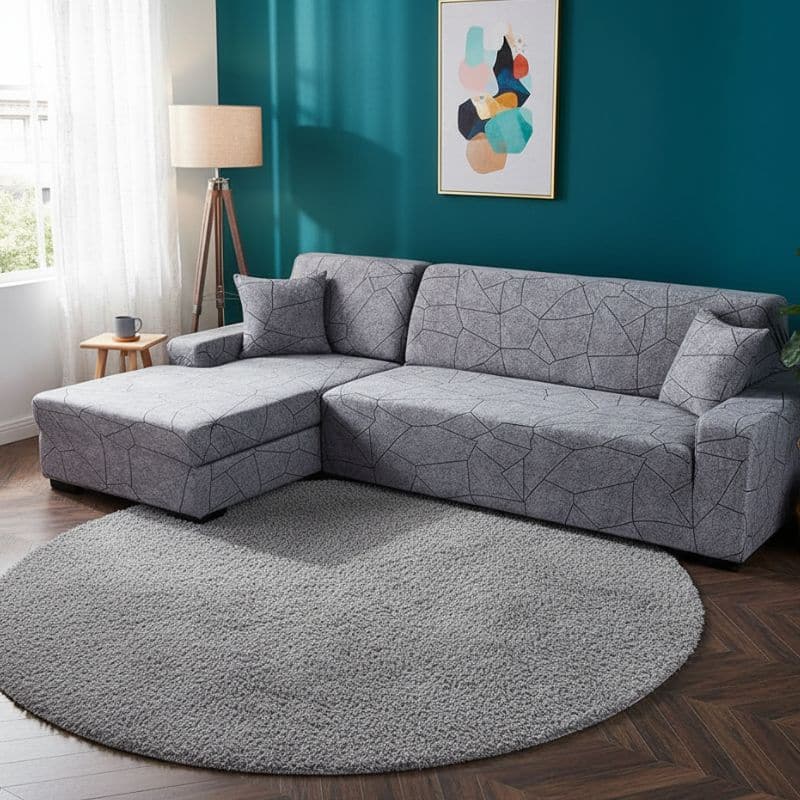 8-27 Housse De Canapé Angle Réversible Et Extensible À Motif Pierre Gris