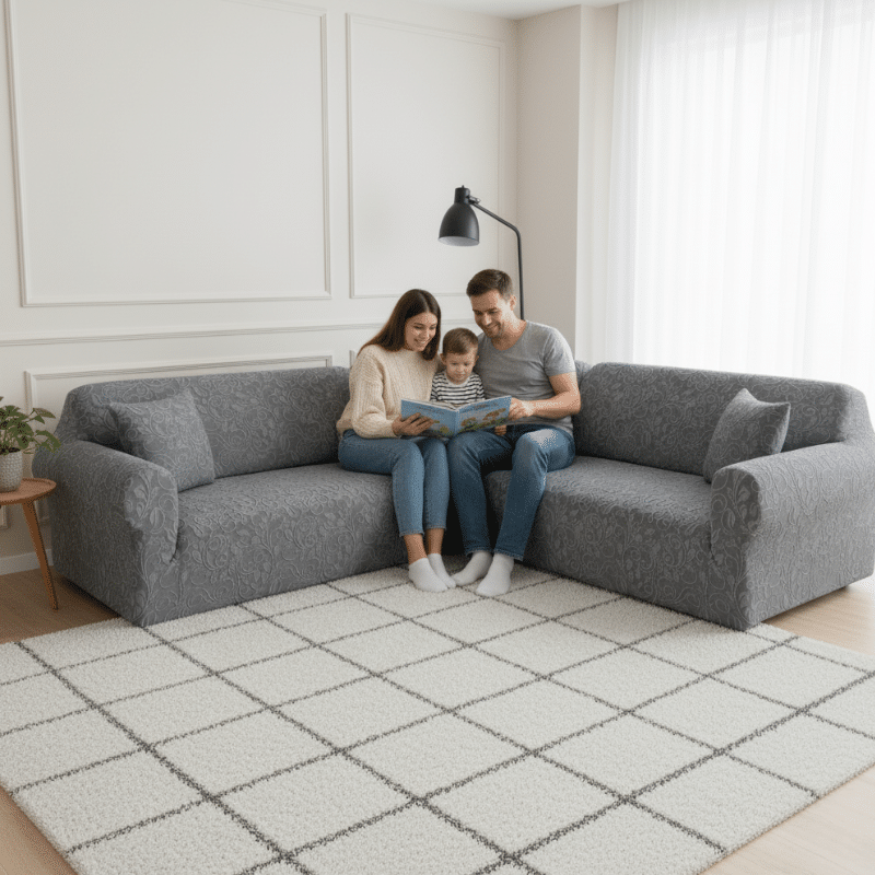 9-2 Housse De Canapé Angle Réversible En Jacquard Luxueuse Pour 7 Places