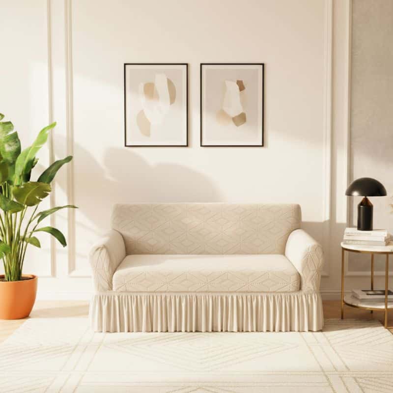 Housse de Canapé 2 Places Extensible À Motif Losange avec Jupe Plissée Housse de Canapé 2 Places Extensible À Motif Losange avec Jupe Plissée