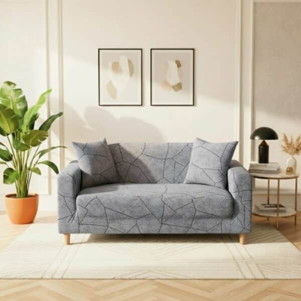 Housse de Canapé 2 Places Extensible à Motif Géométrique Noir et Gris