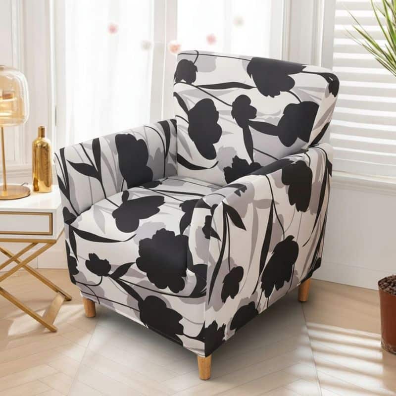 Housse De Fauteuil Bergère Élastique À Motif Floral Noir Housse De Fauteuil Bergère Élastique À Motif Floral Noir