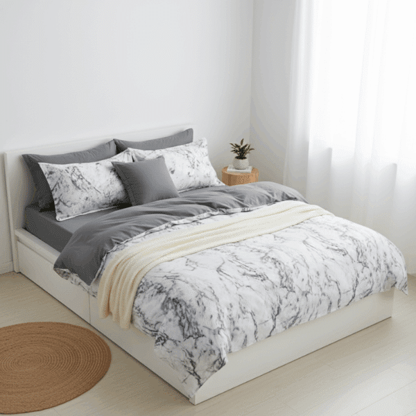 Housse de Couette Design Marbré Blanc et Gris