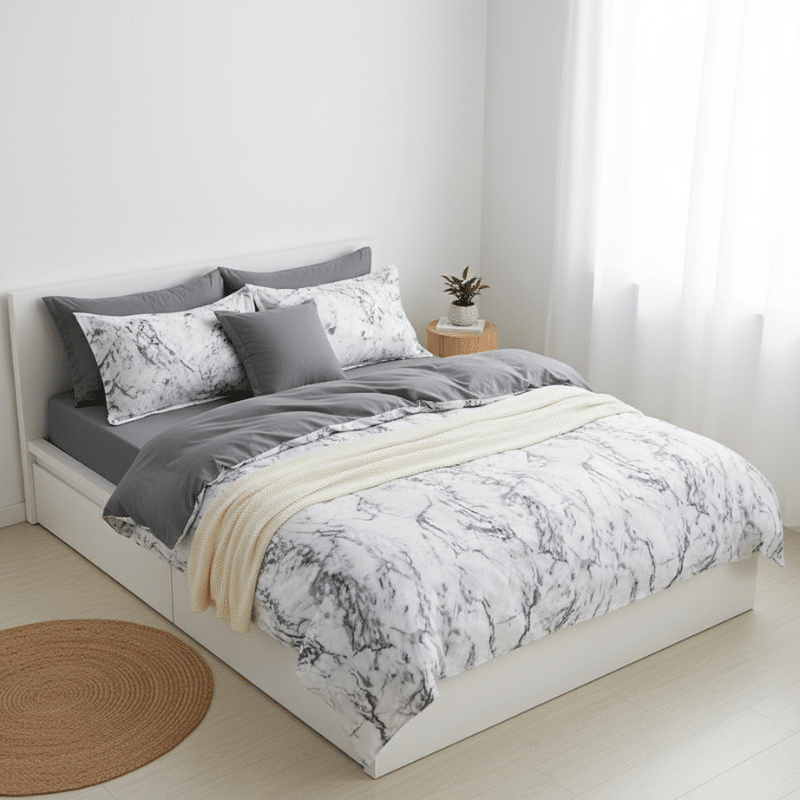Housse de Couette Design Marbré Blanc et Gris Housse de Couette Design Marbré Blanc et Gris