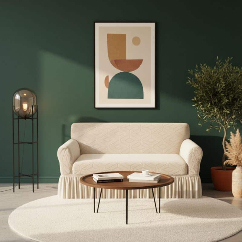 13-5 Housse de Canapé 2 Places Extensible À Motif Losange avec Jupe Plissée