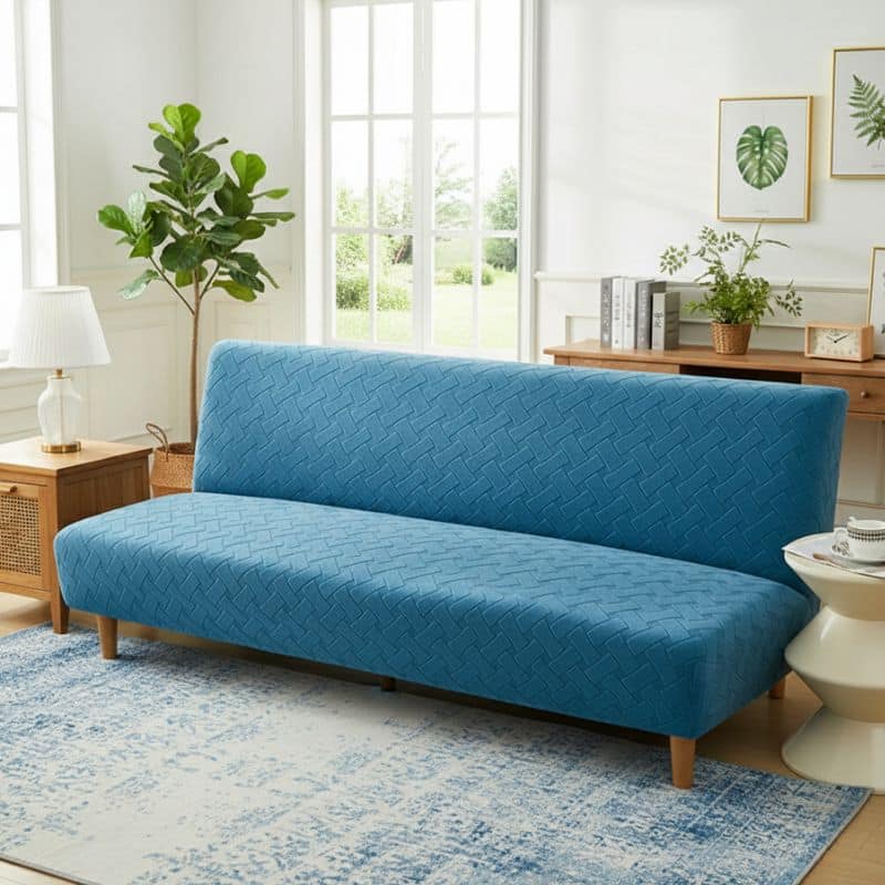 14-16 Housse De Canapé Convertible À Motif Naturel En Jacquard Bleu Chic