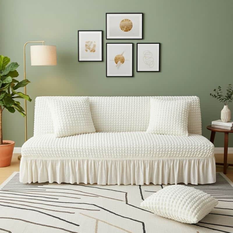 14-18 Housse De Canapé Convertible Unie Avec Jupe Extensible Chic