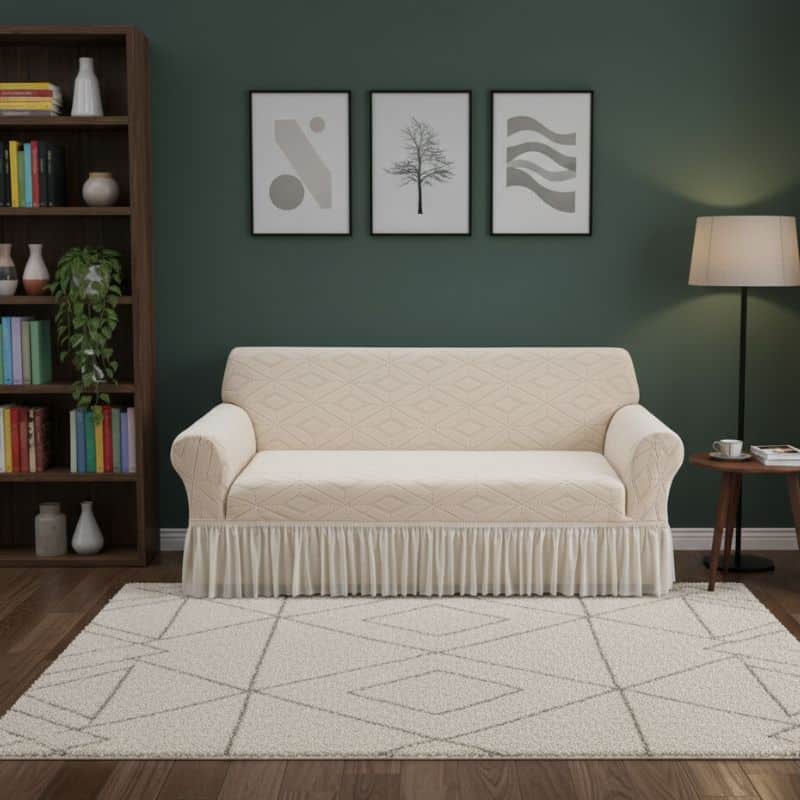14-4 Housse de Canapé 2 Places Extensible À Motif Losange avec Jupe Plissée