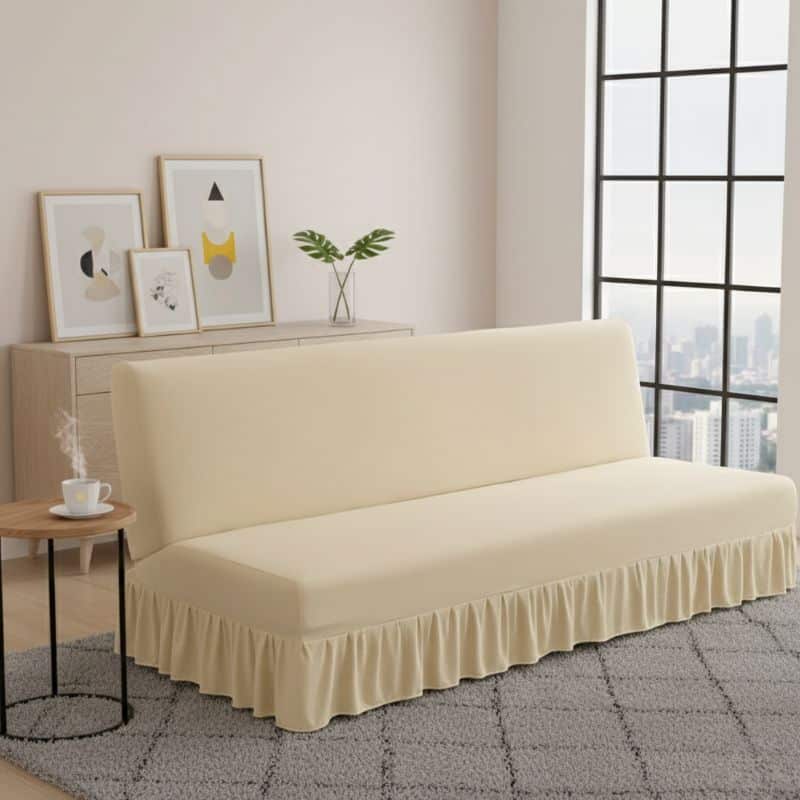 18-4 Housse De Canapé Convertible Unie Avec Jupe Élégante Et Moderne
