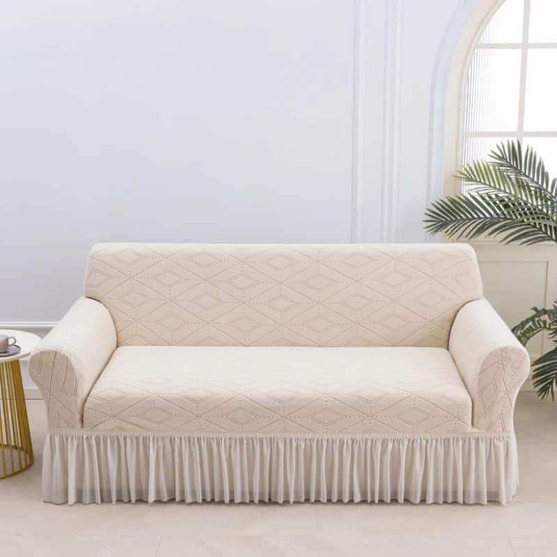 Housse de Canapé 2 Places Extensible À Motif Losange avec Jupe Plissée Housse de Canapé 2 Places Extensible À Motif Losange avec Jupe Plissée