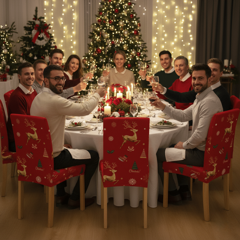 2-24 Housse De Chaise Évènementiel Pour Réception Motif Renne Et Cadeaux De Noël