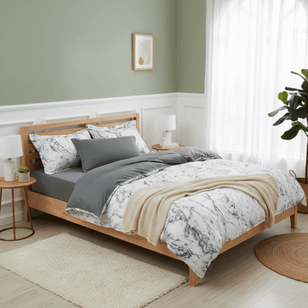 Housse de Couette Design Marbré Blanc et Gris