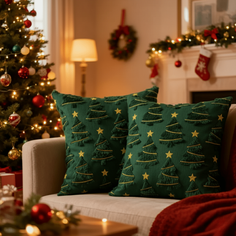 Housse de Coussin Verte À Motif Sapin de Noël Housse de Coussin Verte À Motif Sapin de Noël