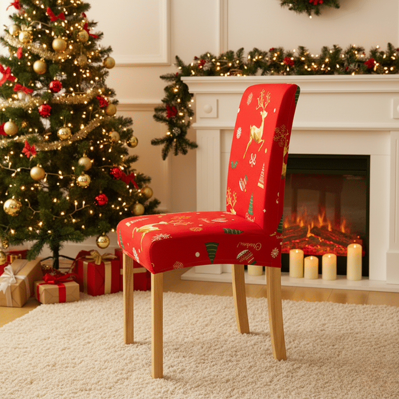 3-30 Housse De Chaise Évènementiel Pour Réception Motif Renne Et Cadeaux De Noël