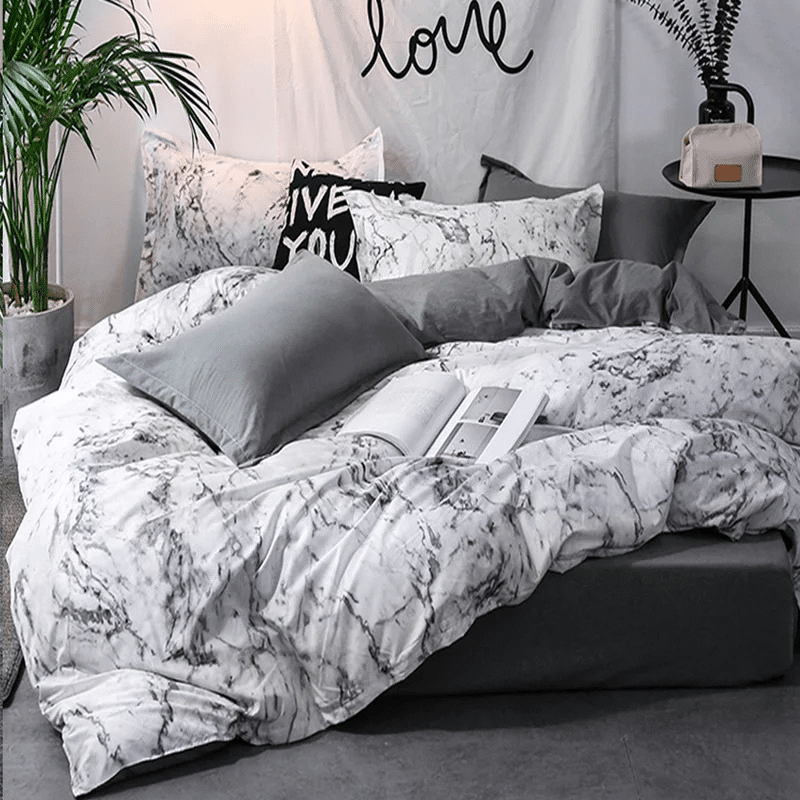 Housse de Couette Design Marbré Blanc et Gris Housse de Couette Design Marbré Blanc et Gris