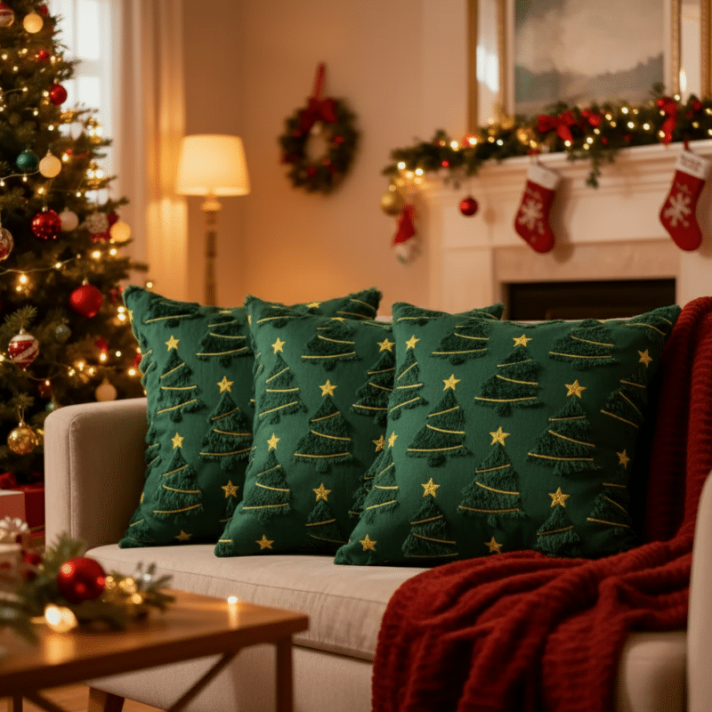 Housse de Coussin Verte À Motif Sapin de Noël Housse de Coussin Verte À Motif Sapin de Noël