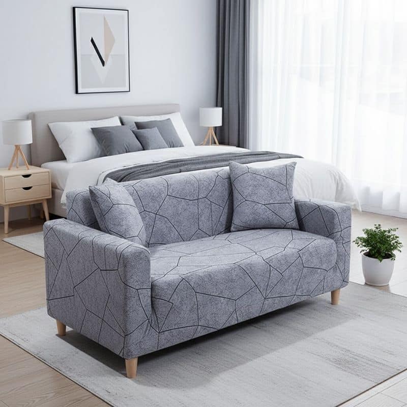 Housse de Canapé 2 Places Extensible à Motif Géométrique Noir et Gris Housse de Canapé 2 Places Extensible à Motif Géométrique Noir et Gris