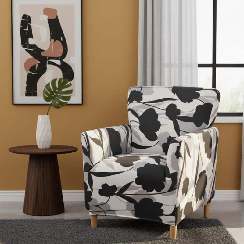 Housse De Fauteuil Bergère Élastique À Motif Floral Noir Housse De Fauteuil Bergère Élastique À Motif Floral Noir