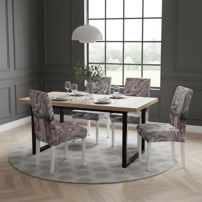 5-12 Housse De Chaise À Motif Marbré Rose Et Argent Extensible