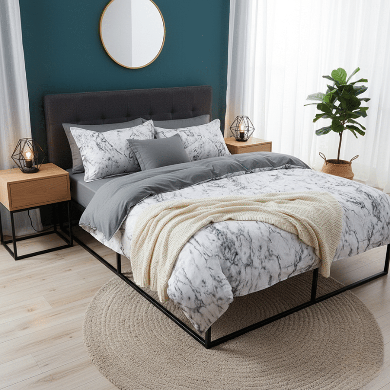 5-46 Housse de Couette Design Marbré Blanc et Gris