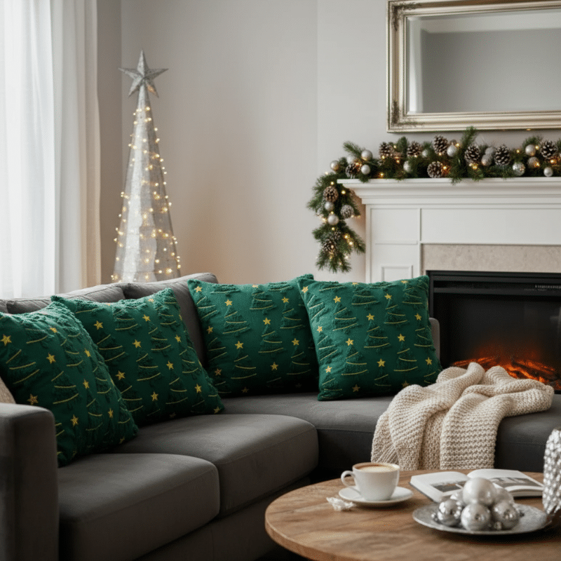 5-93 Housse de Coussin Verte À Motif Sapin de Noël
