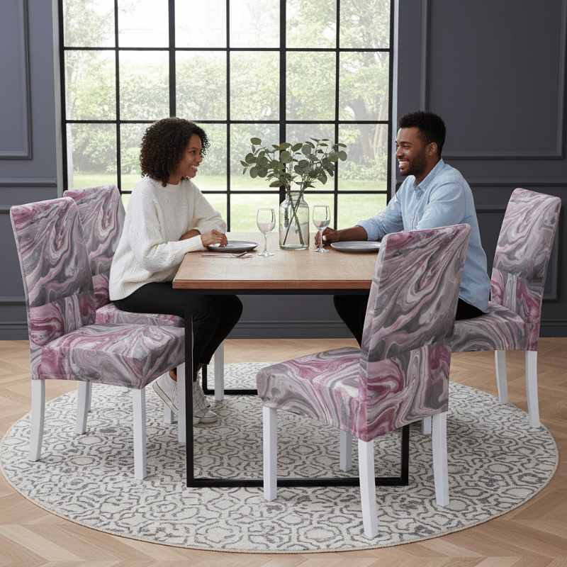 6-13 Housse De Chaise À Motif Marbré Rose Et Argent Extensible