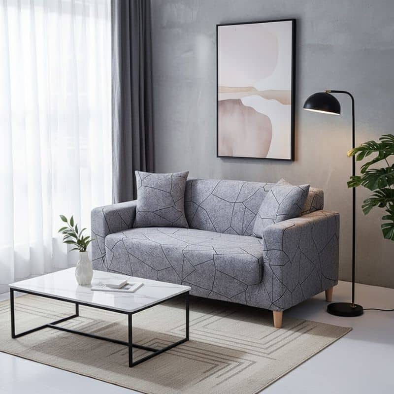 6-20 Housse de Canapé 2 Places Extensible à Motif Géométrique Noir et Gris