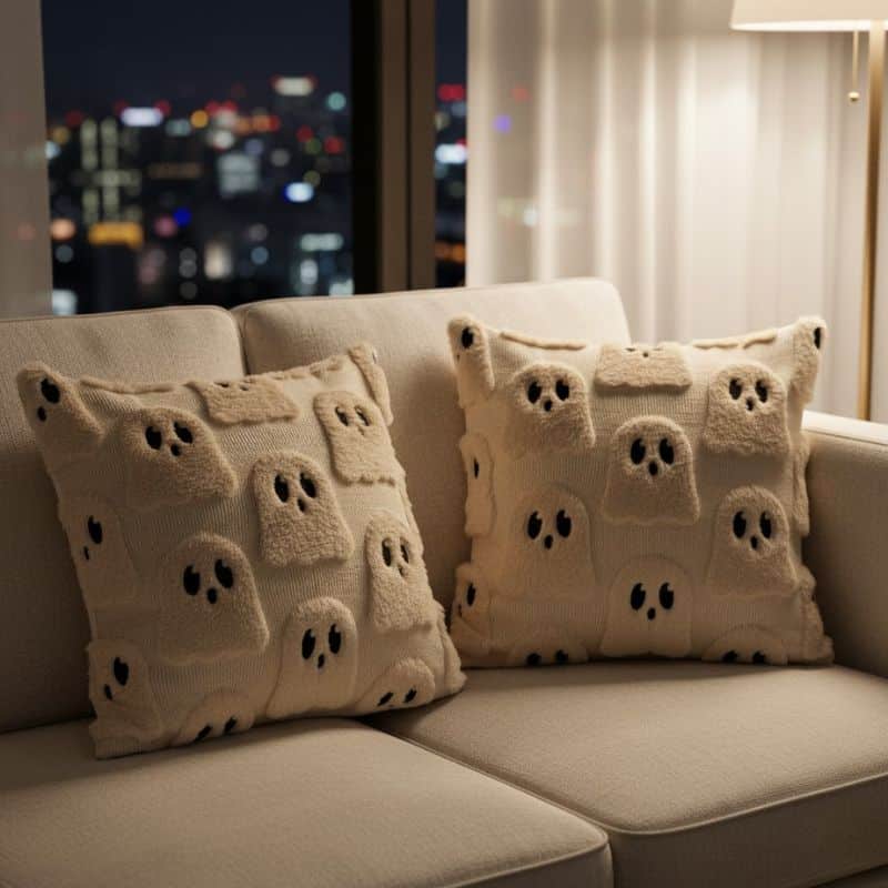 6-367 Housse de Coussin Beige À Motif de Fantôme