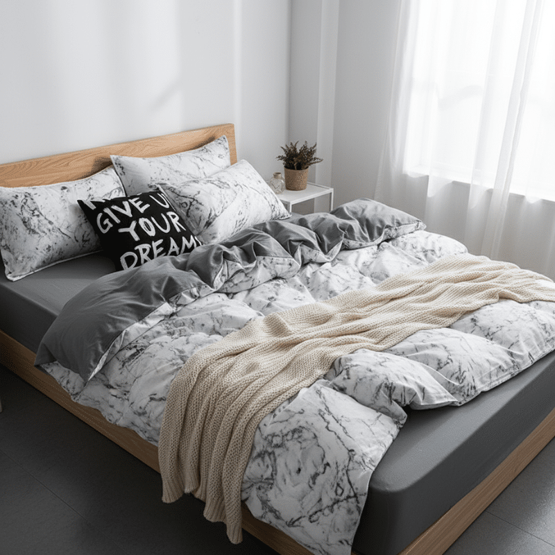 6-47 Housse de Couette Design Marbré Blanc et Gris