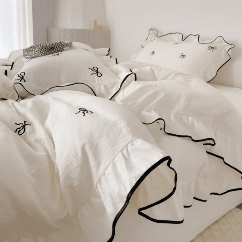 Housse de Couette Nœuds Élégants et Volants Raffinés Housse de Couette Nœuds Élégants et Volants Raffinés