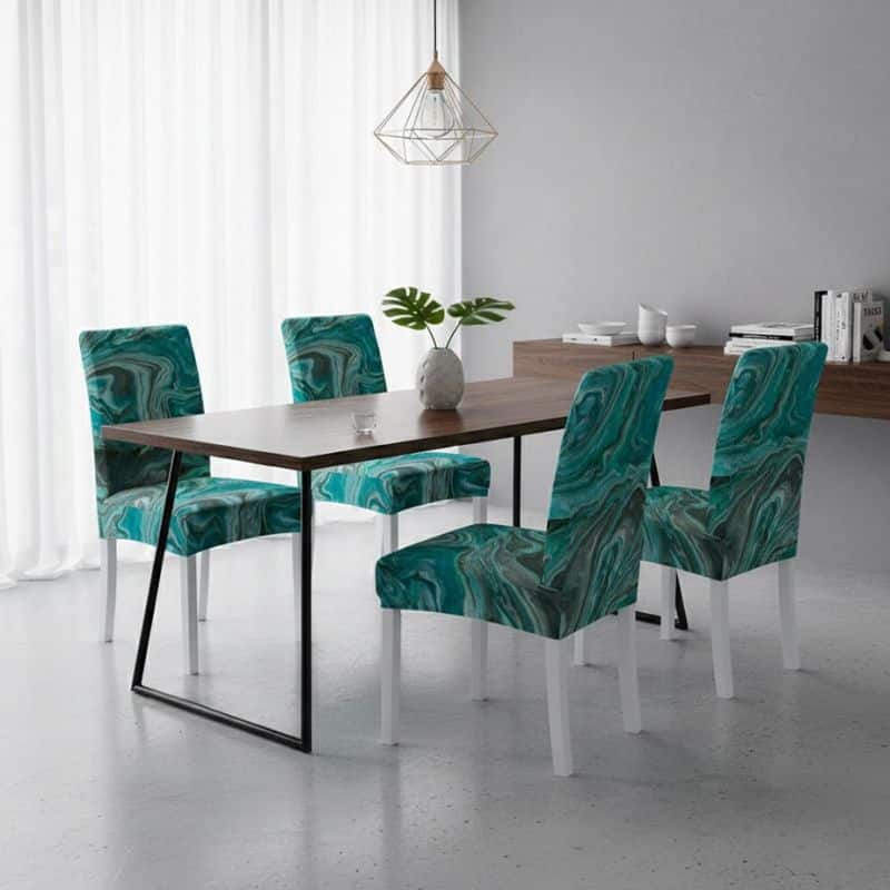 6-87 Housse De Chaise À Motif Marbré Vert Élégante Et Moderne
