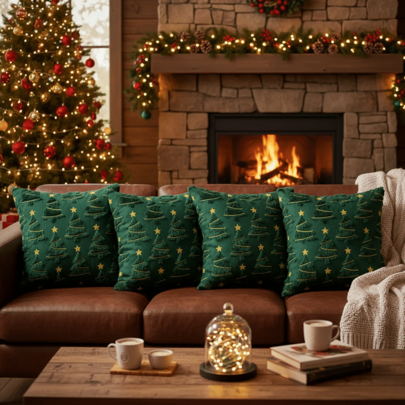 6-95 Housse de Coussin Verte À Motif Sapin de Noël