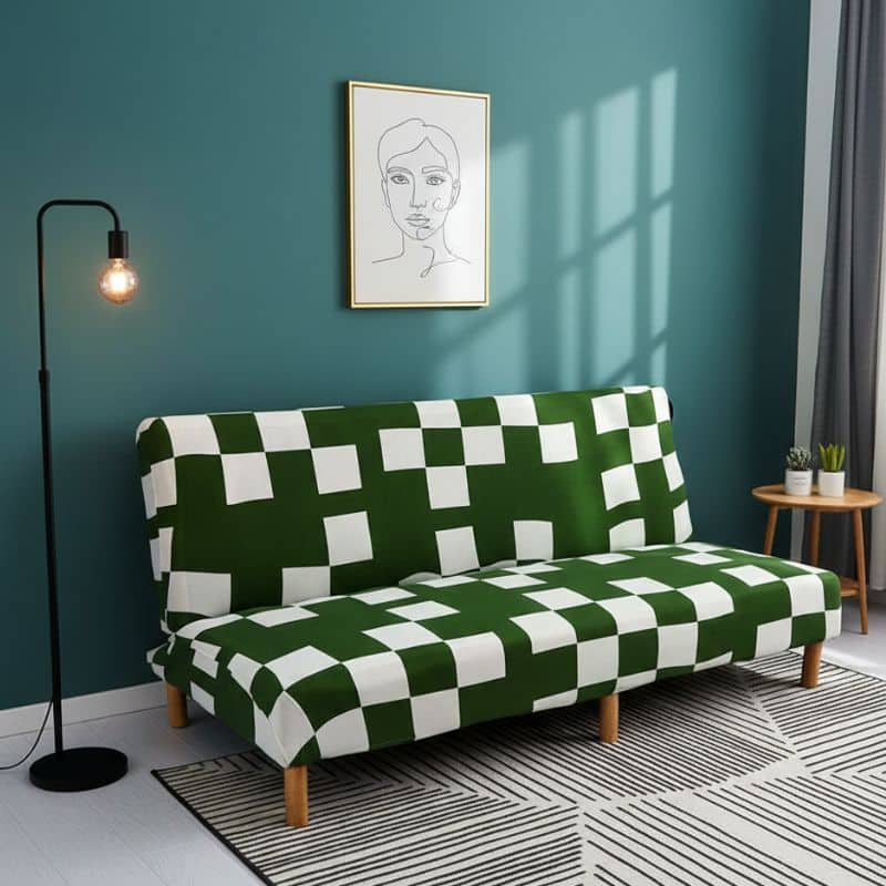 7-121 Housse De Canapé Convertible Et Extensible À Motif Carreau Vert Et Blanc