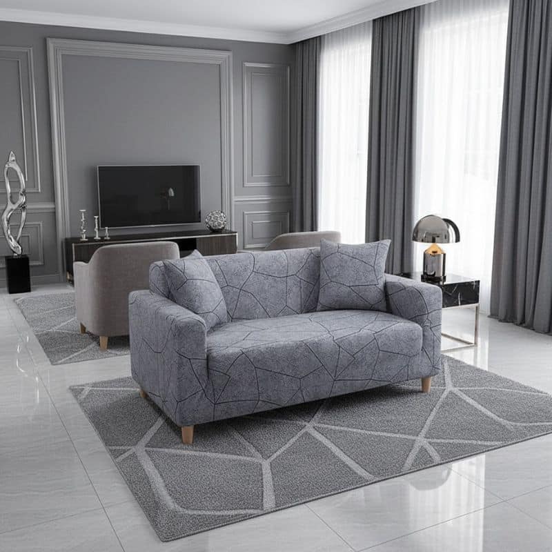 7-20 Housse de Canapé 2 Places Extensible à Motif Géométrique Noir et Gris