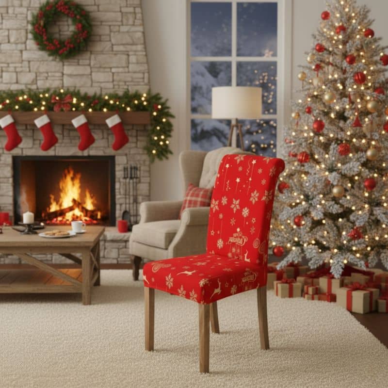 7-205 Housse De Chaise Évènementiel Pour Réception Motif Flocon Et Rennes Festive