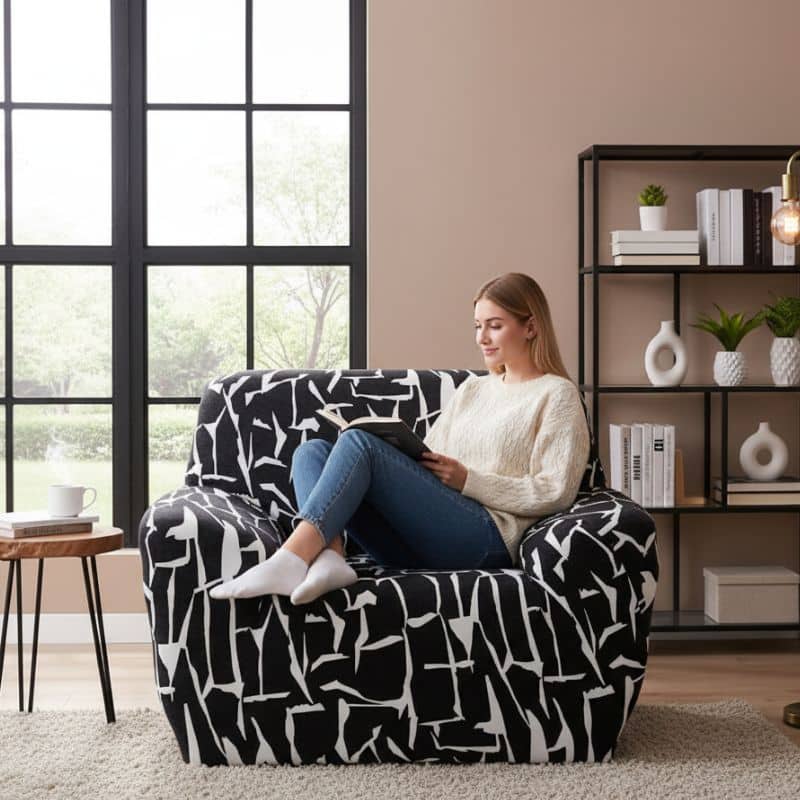 7-257 Housse de Fauteuil Extensible À Imprimé Abstrait Noir et Blanc